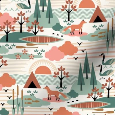 Lake Life / Autumn / Scandi / Folk Art / Outdoors / Trees Forest Fox Tent Canoe/ Terra Cotta Green / Medium