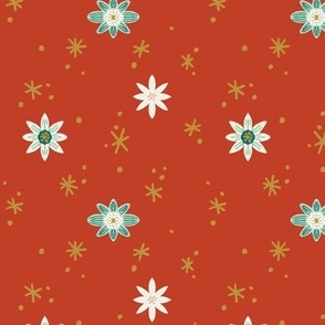 Large Festive Florals and Stars on Red