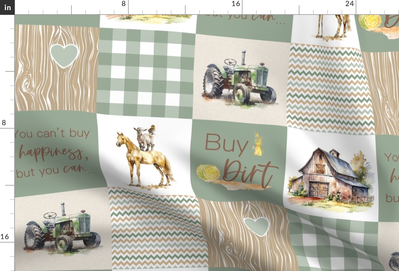 Farm Happiness Buy Dirt / Faux Quilt / Green Brown