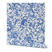 Blue and off-white cottage core whimsical sparrow leaves floral