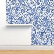 Blue and off-white cottage core whimsical sparrow leaves floral