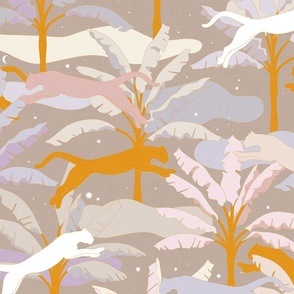 Cozy Tropical Jungle with Big Cats - Magical Nature in Beige, Taupe, Lilac, Pink, and Orange Shades / Large