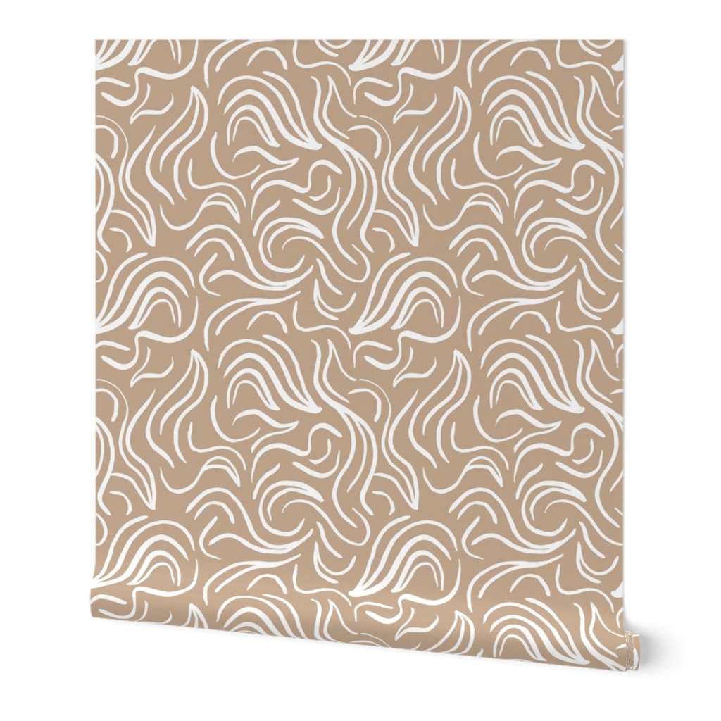 Scandinavian abstract - Minimalist vintage swirls raw waves design white on latte beige caramel