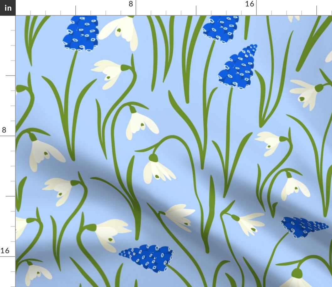 (L) Muscari and snowdrop flowers on blue 