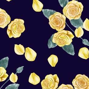 Yellow Roses and Petals Big Scale Navy Blue  Background