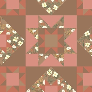 Boho Poppies brown cheater quilt (large- central square 10inches) (Eschcholzia-California Poppy) creams, pinks, greens and brown in this wilderness flower inspired patchwork design.