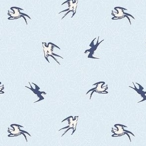 MIcro Birds Flying in a Blue Sky with Swirly Clouds