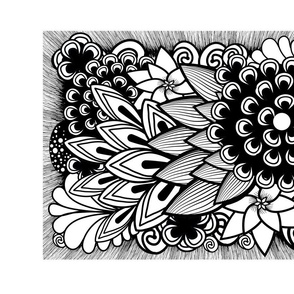 Floral Layered Pen Doodle Art in Black and White Tea Towel