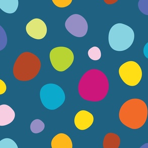 Jumbo - Modern and fun, multi-coloured bubbles and polka dots on navy blue