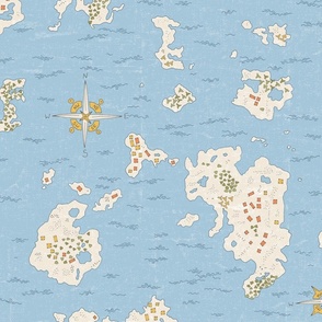 vintage textured fantasy map with cerulean light blue ocean and yellow compass