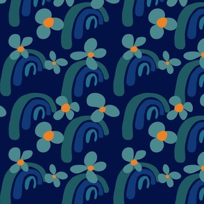 0003a Retro Rainbows and Funky Flowers //Midnight Blue, Teal, Orange  (Medium)