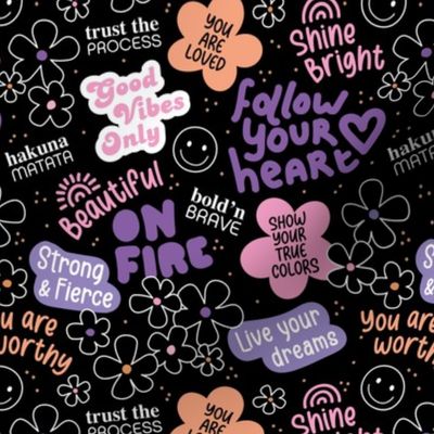 Affirmation and positive vibes text stickers - self love and happy empowering quotes pink orange purple on black