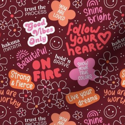 Affirmation and positive vibes text stickers - self love and happy empowering quotes pink red orange on burgundy