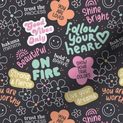 Affirmation and positive vibes text stickers - self love and happy empowering quotes pink mint yellow nineties pastel colors on charcoal gray