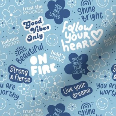 Affirmation and positive vibes text stickers - self love and happy empowering quotes white blue 