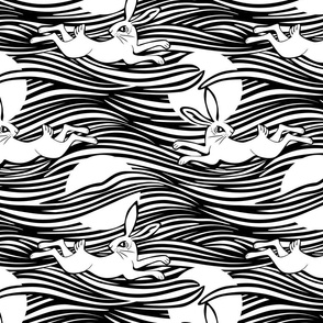B&W leaping rabbit | Black and  white wavy stripes | full moon night | large