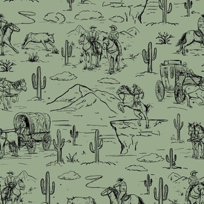 Western toile ,western cowboy fabric wallpaper sage and black WB23 A