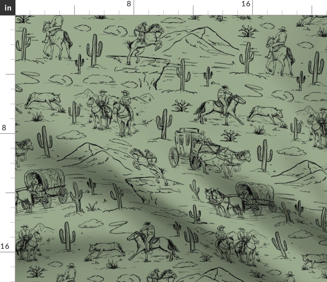 Western toile ,western cowboy fabric wallpaper sage and black WB23 A