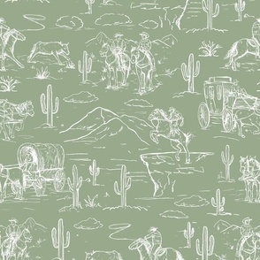 Western toile ,western cowboy fabric wallpaper sage and white WB23 A