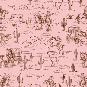 Western toile ,western cowboy fabric wallpaper blush and brown WB23 A