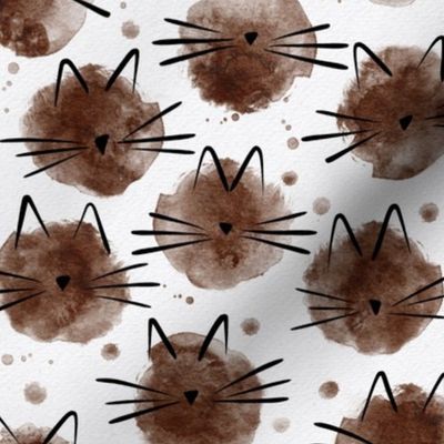 small scale cat - ellie cat cinnamon - watercolor drops cat - cute cat fabric and wallpaper