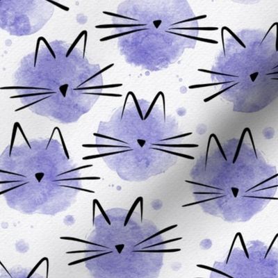 small scale cat - ellie cat lilac - watercolor drops cat - cute cat fabric and wallpaper