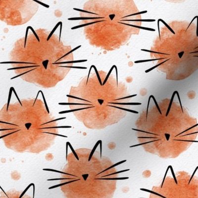 small scale cat - ellie cat peach - watercolor drops cat - cute cat fabric and wallpaper
