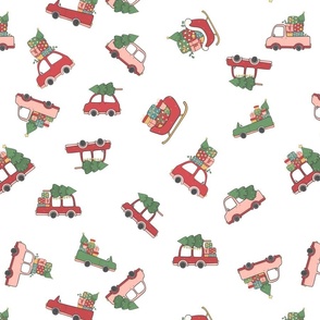 Christmas Cars and Sleigh Doodles in  Holiday Colors Red and Green on White