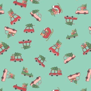 Christmas Cars and Sleigh Doodles in  Holiday Colors Red and Green on Mint Green