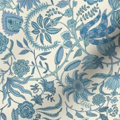 Mari Palampore Flora in blues - 12 inch repeat