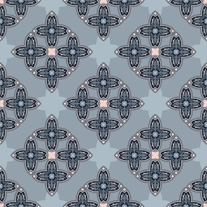 Denim Blue Quatrefoil Diamond Geometric Blooms – Medium 6x6