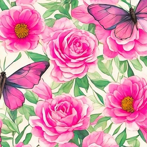 Pink flowers and butterflies