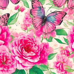 Beautiful pink flowers and butterflies