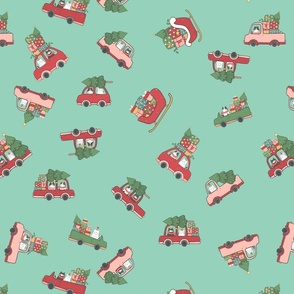 Cats in Christmas Cars and Sleigh Doodles in  Holiday Colors Red and Green on Mint Green