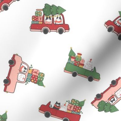 Cats in Christmas Cars and Sleigh Doodles in  Holiday Colors Red and Green on White