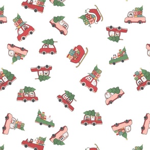 Cats in Christmas Cars and Sleigh Doodles in  Holiday Colors Red and Green on White