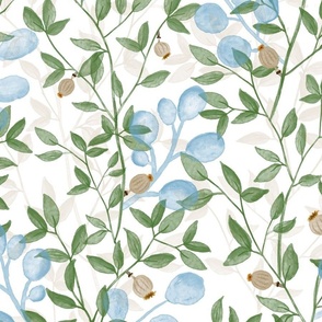 Watercolor botanical in blues, green, and browns.