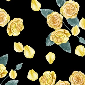 Yellow Roses and Petals Big Scale Black Background