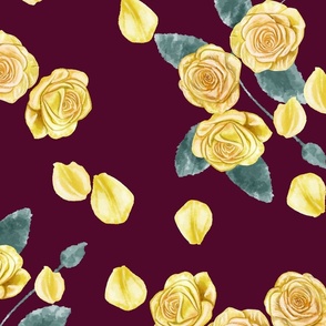 Yellow Roses and Petals Big Scale Burgundy Background