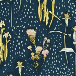 Hand-painted Dark Botanical Native Wildflower Wallpaper