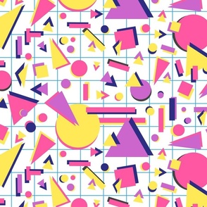 Large 80s Memphis Style Bright Pink and Blue Geometric Graphic Grid with Circles, Squares and Triangles on White