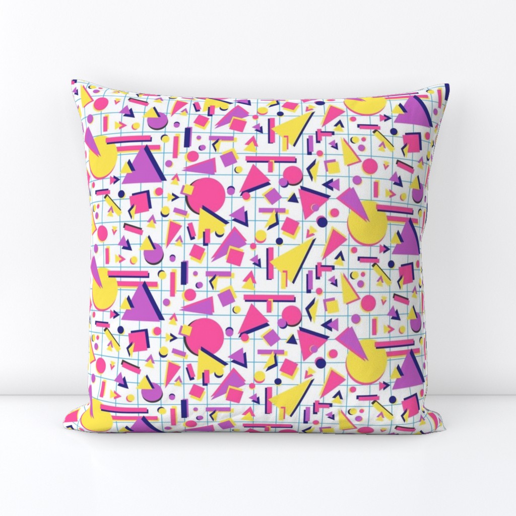 Small 80s Memphis Style Bright Pink and Blue Geometric Graphic Grid with Circles, Squares and Triangles on White