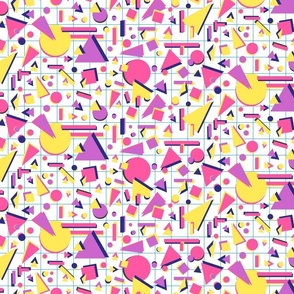 Small 80s Memphis Style Bright Pink and Blue Geometric Graphic Grid with Circles, Squares and Triangles on White