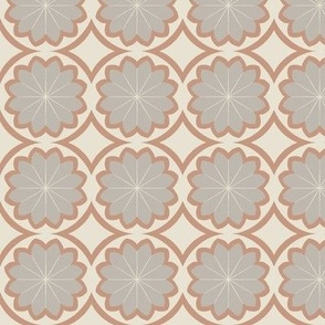 Mid Century Floral Tile Pattern-Gray, Retro Inspired, Metallic Wallpaper, Neutral Color Palette, Two Tone Floral, Flowers on Cream, Brown, Gray and Cream, Vintage Inspired, geometric floral, circle flowers 