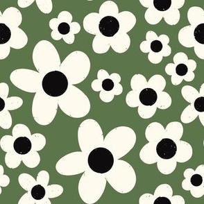 Bold Green Daises, White and Black Floral, Whimsical Flowers, Hand Drawn Floral, Holiday Fabric, Holiday Floral, Holiday Collection, Modern Floral, Modern Christmas