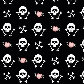 Cute Girly Bones-Black, Skeletons, Pink and Black Halloween, Charming Skeletons, Whimsical Skulls, Cute Bones, Cute Halloween with Flowers, Pink and Green, Girly Halloween