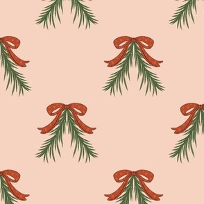 Blush Pink Winter Greenery, Peach Pink, Winter Greenery, Pink Bows, Snowflakes, Seasonal Floral, Festive Winter, Holiday Inspired, Winter Botanical, Christmas Themed, Elegant Winter Foliage, Pink and Green