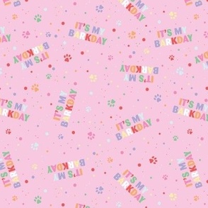 Colorful rainbow barkday design with confetti paws and happy birthday text tossed for dogs on pink girls