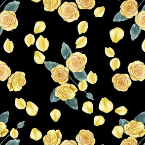 Yellow Roses and Petals Small Scale Black Background