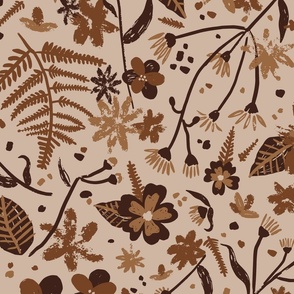 Boho textured floral earth tones, warm neutral brown, jumbo scale for wallpaper
